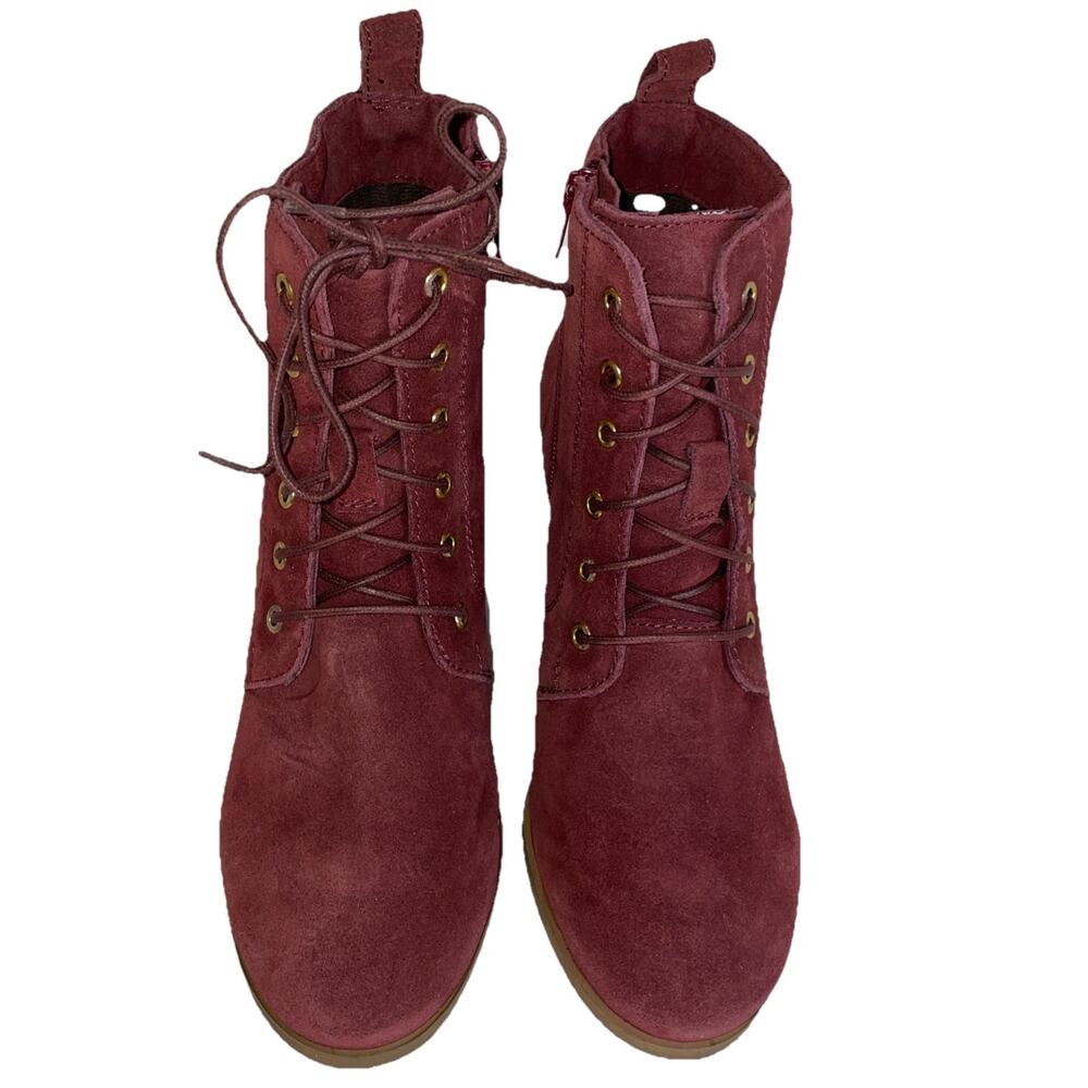 Diba Blake Suede 3" Wedge Zip Lace Up Bootie Burgundy Sz 7.5M - Picture 2 of 7